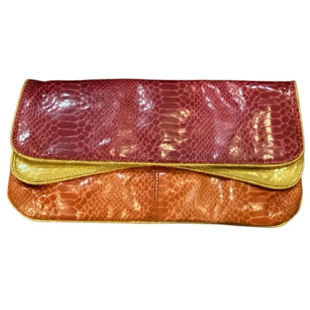 Nine West faux Snake Leather Color-block Fuchsia Yellow Orange Clutch Purse